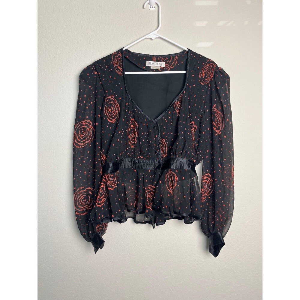 Vintage Parigi‎ Blouse Womens Medium Black Red Sheer Belted Peplum Floral 80s